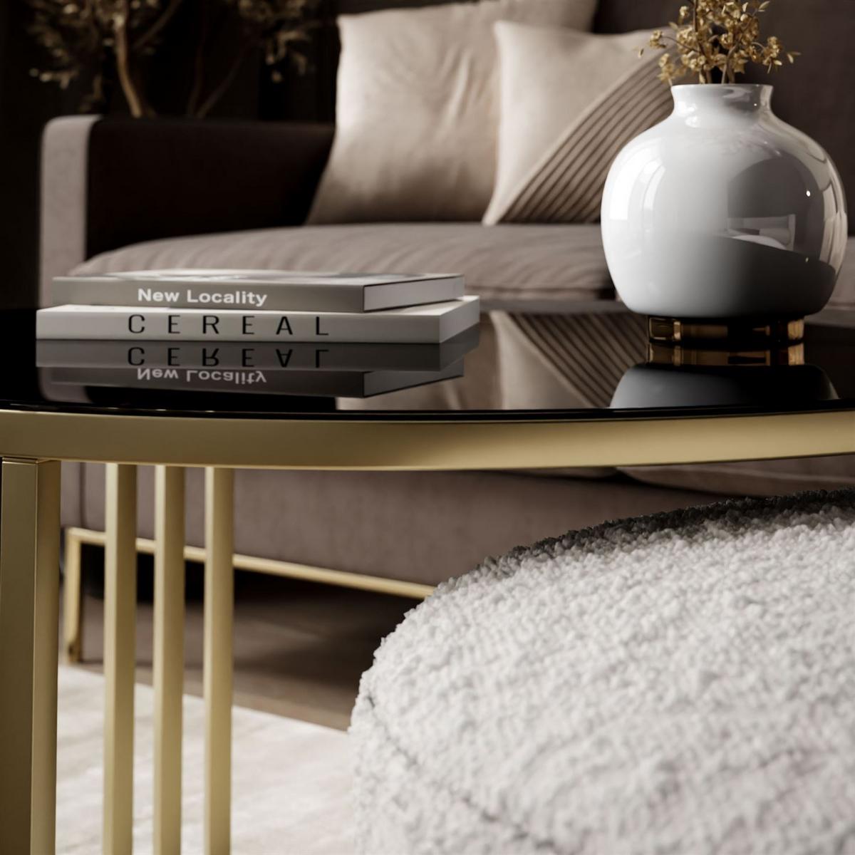 COUCHTISCH mit Hocker LORI GLASS gebürstetes Gold/schwarzes Glas/Coral 50 - Schwarz, Metall (70/70/49cm) - Lookway