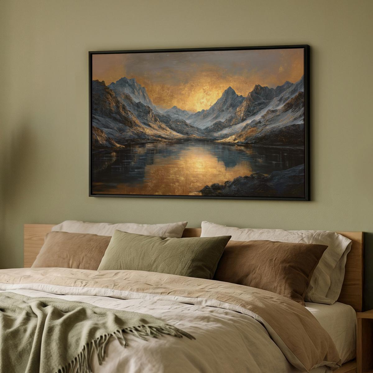 LEINWAND Bilder mit Rahmen - Bergkulisse mit goldenem Sonnenuntergang - 90x60 - Goldfarben, Textil (90/60cm) - MuchoWow