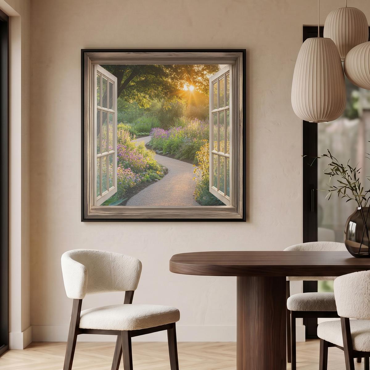LEINWAND Bilder mit Rahmen - Aussicht - Blumen - Natur - Sonne - Weg - 90x90 - Hellgelb, Textil (90/90cm) - MuchoWow