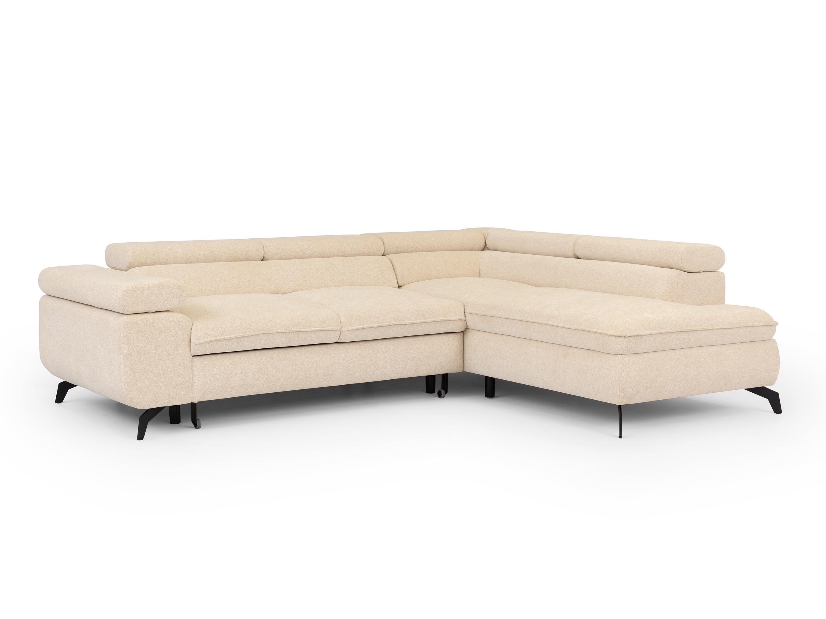 ECKSOFA mit Schlaffunktion und Bettkasten Bonnie aus Creme Chenille-Stoff mit verstellbaren Kopfstützen und Armlehne - Ottomane rechts - Creme/Schwarz, Holz/Textil (275/210cm) - S-Style