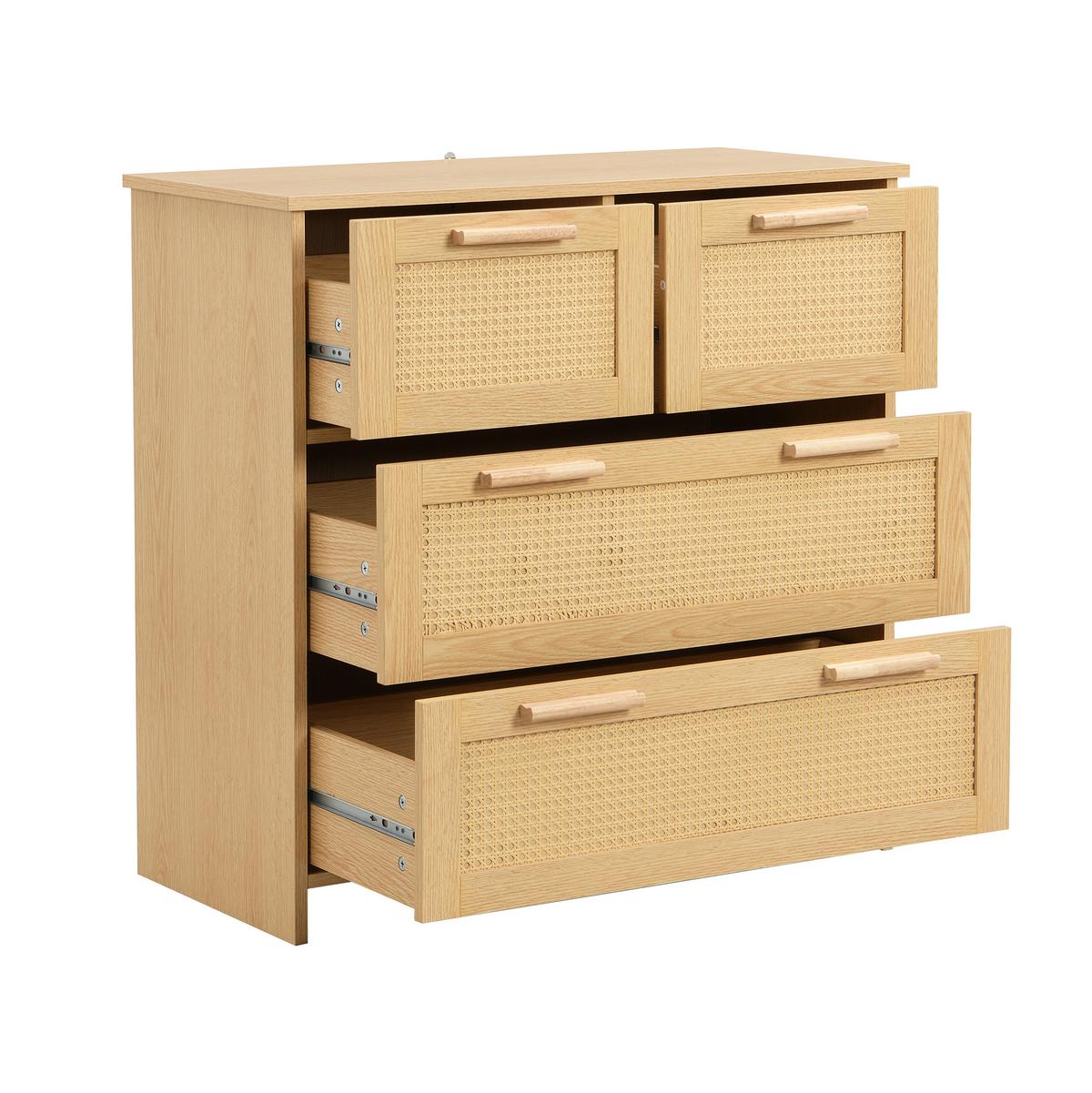 SIDEBOARD Rattan kommode mit 4 Schubladen & Massivholz Griffen - Eichefarben, Naturmaterialen/Holzwerkstoff (80/80/38cm) - Urban Meuble