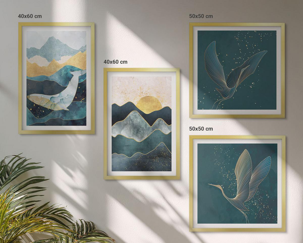 BILDER SET 4er Set - 50x50 cm & 40x60 cm Goldrahmen - Abstrakte Kranichberge - Goldfarben, Kunststoff (50/50cm) - TULUP