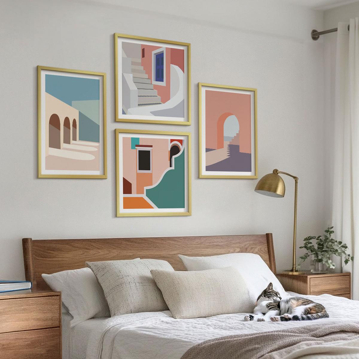 BILDER SET 4er Set - 50x50 cm & 40x60 cm Goldrahmen - Minimalistische Pastellgrafiken - Goldfarben, Kunststoff (50/50cm) - TULUP