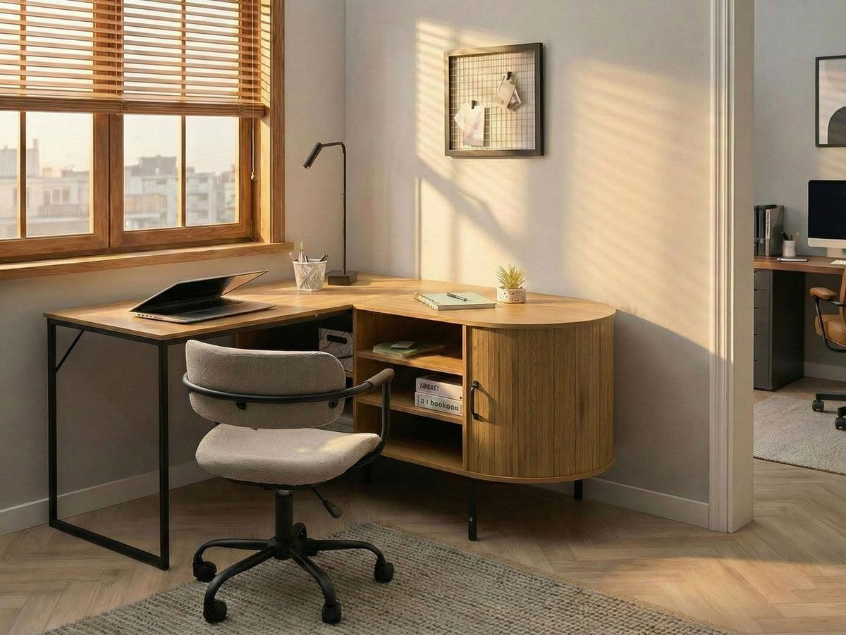 ECKSCHREIBTISCH 140/140 cm Hellbraun Solari - Hellbraun/Schwarz, Holzwerkstoff/Metall (140/140/72cm) - Beliani