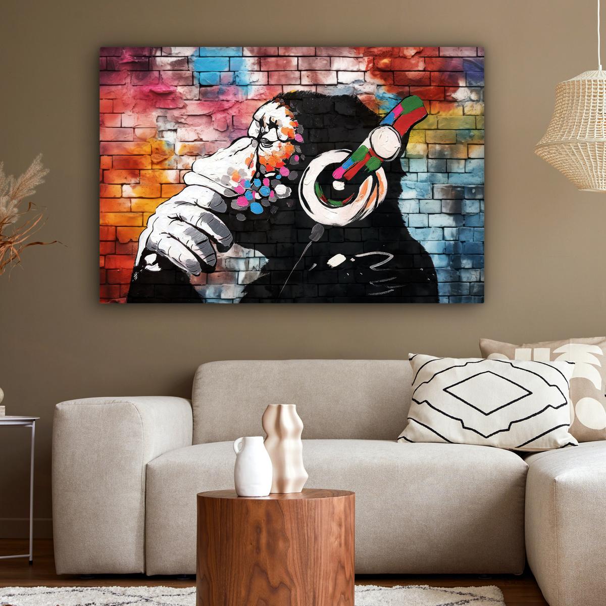 LEINWANDBILD Affe - Graffiti - Musik Groß 140x90 cm - Multicolor, Textil (140/90cm) - MuchoWow