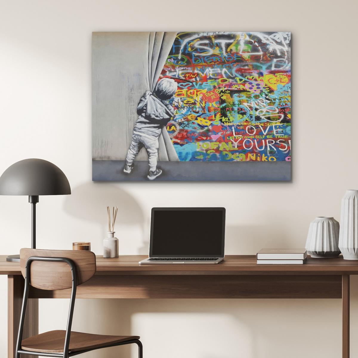 AKUSTIKBILD Graffiti - Junge - Ilussie - Straßenkunst Gemälde 80x60 cm - Hellgrau, Textil (80/60/0.9cm) - MuchoWow