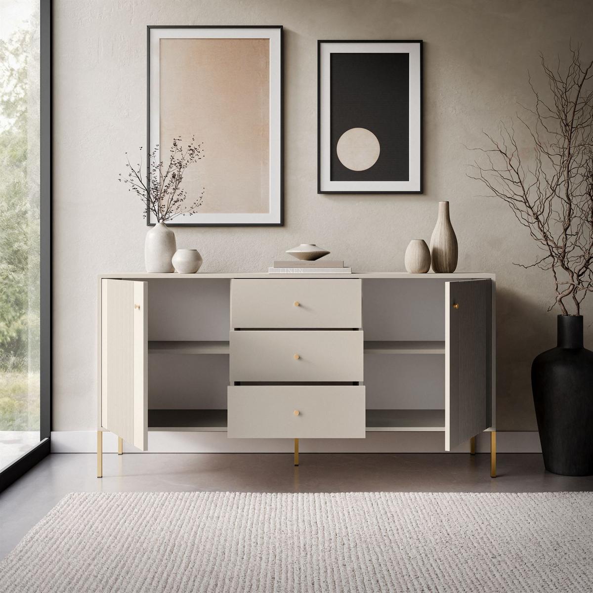 SIDEBOARD 2D3S VIVALDI mit Schubladen und geriffelten Fronten - Kaschmir, Holzwerkstoff (155/79/39cm) - Lookway