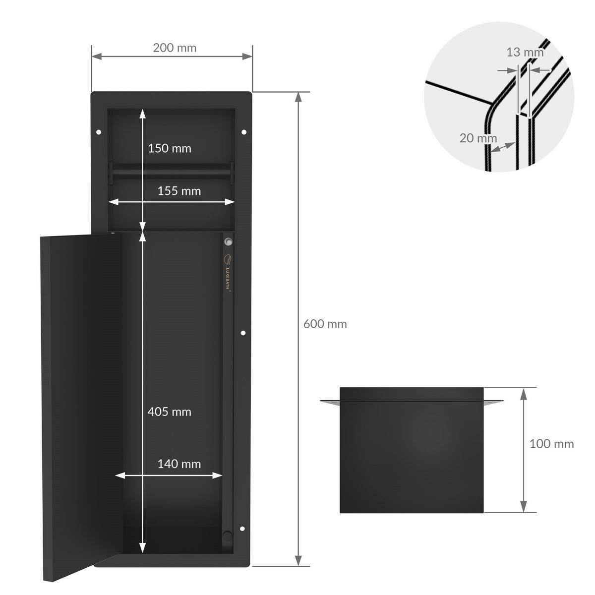 UNTERPUTZ-SCHRANKMODUL WC aus Edelstahl Schwarz matt 60x20x14 cm - Schwarz, Metall (14/60/20cm) - LuxeBath