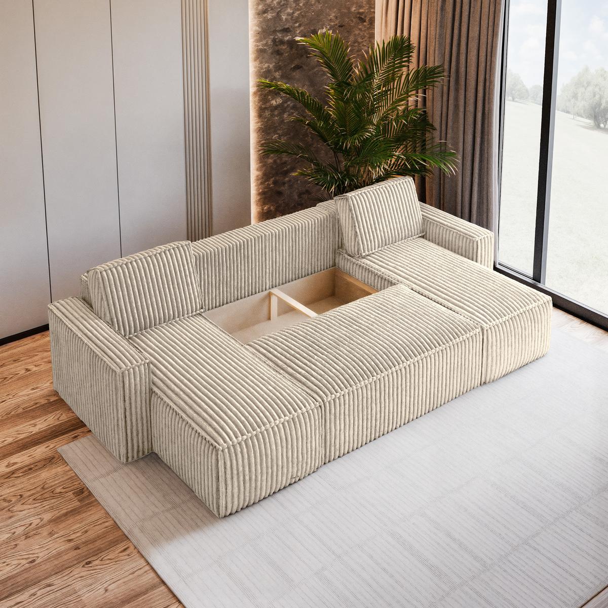 WOHNLANDSCHAFT PESANO T Creme Kordstoff mit Schlaffunktion - Creme/Grau, Holz/Kunststoff (306/85/140cm) - MASSENO