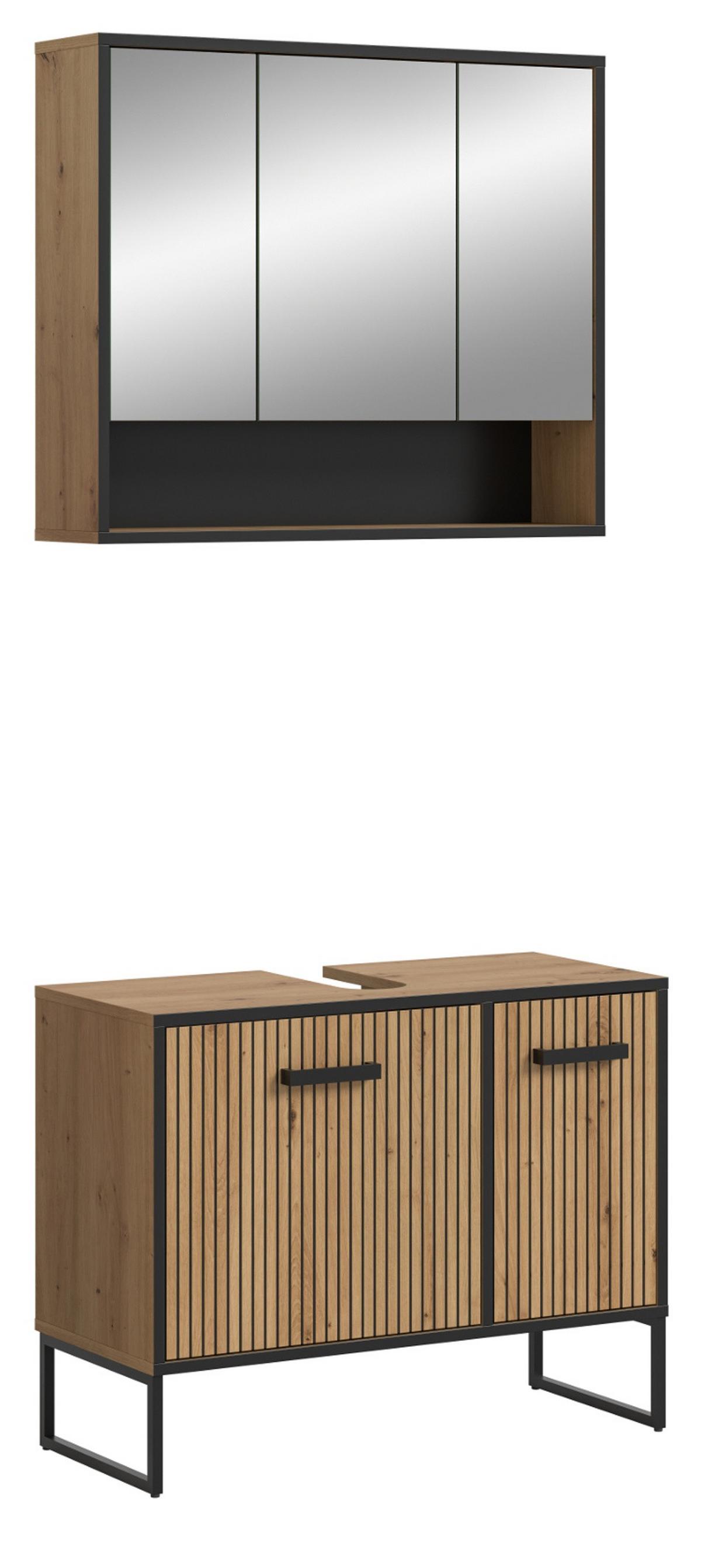 BADMÖBEL-SET 2-teilig Eiche Artisan, schwarz 80 cm, Badkombination mit Soft-Close - Schwarz/Eiche Artisan, Glas/Holzwerkstoff (80/192/36cm) - Inn.Furn