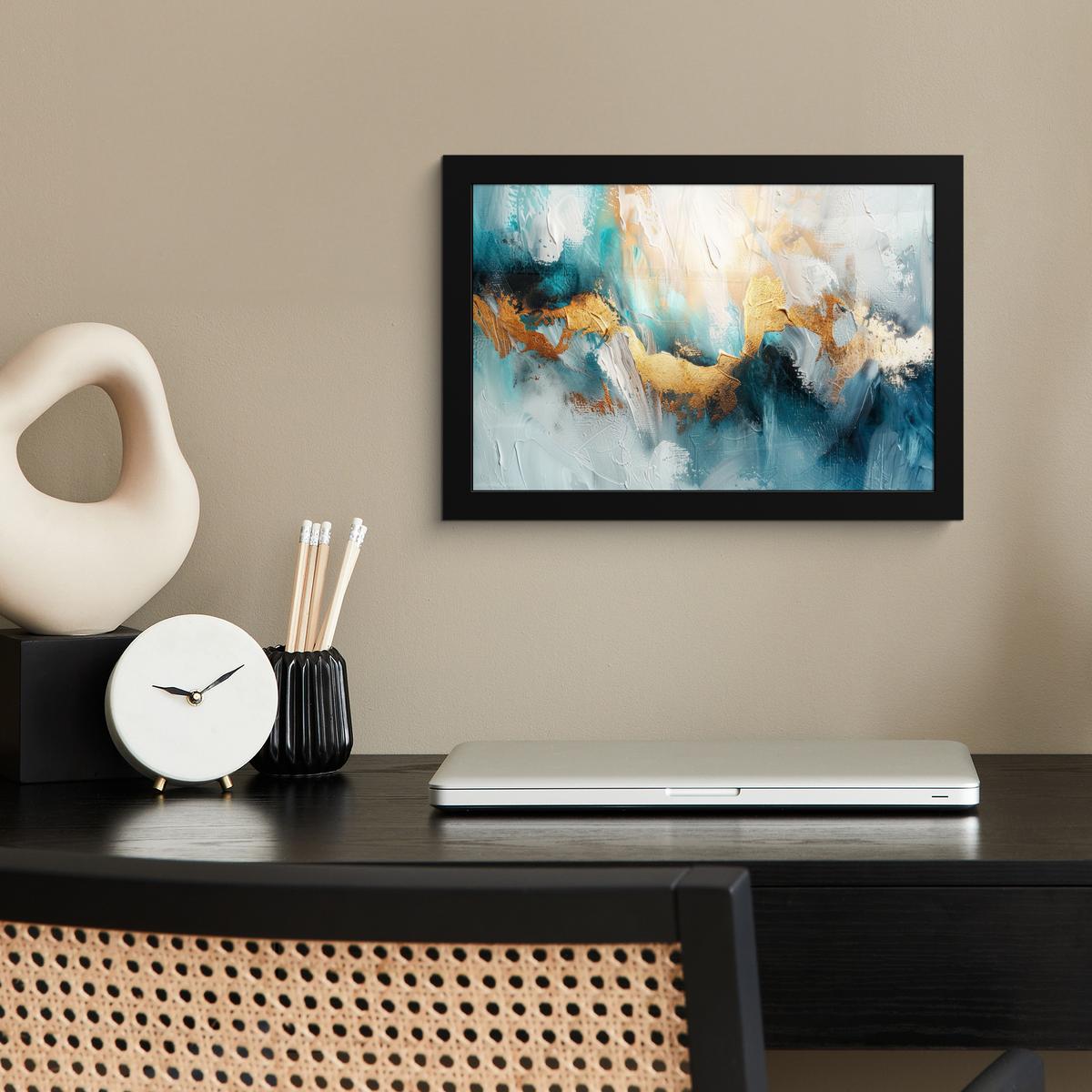 POSTER MIT RAHMENGERAHMTES BILD Abstrakt - Kunst - Gold - Blau 30x20 cm - Petrol, Papier (30/20cm) - MuchoWow