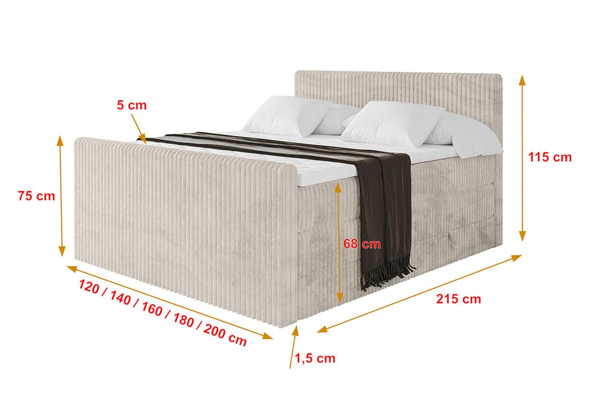 BOXSPRINGBETT mit Matratze H3|H4 und Lattenrost - TOLO-Z KING 140x200 Cord - Creme - Creme, Holzwerkstoff (140/200cm) - ALTDECOR