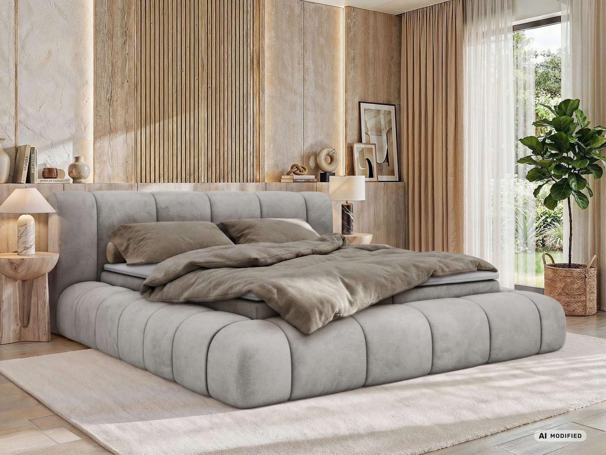 BOXBETT NUBEA 140/200 - Hellgrau Velvet - Topper T25 - H3 - Hellgrau/Schwarz, Kunststoff/Textil (140/200cm) - MKS