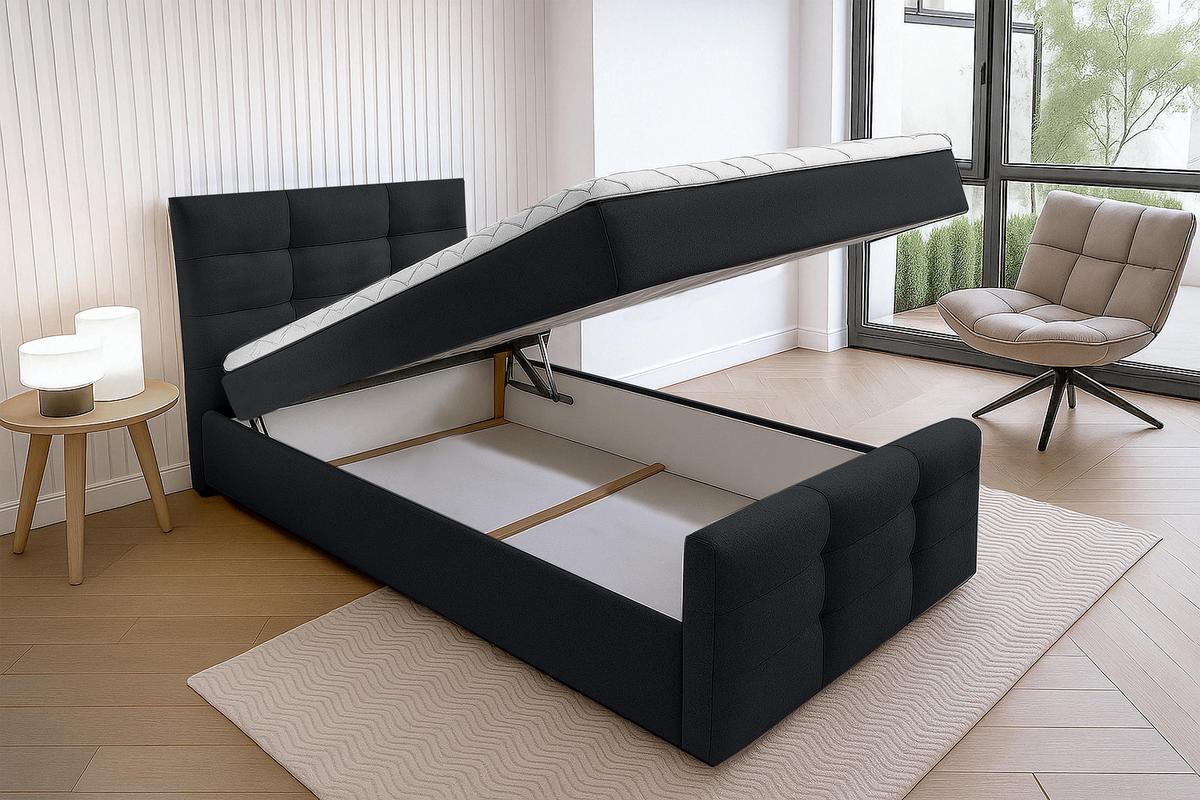BOXBETT ARGENTARO 80x200 cm mit Bettkasten und Matratze - Schwarz + TOPPER - Schwarz, Holz/Holzwerkstoff (80/200cm) - AX Living