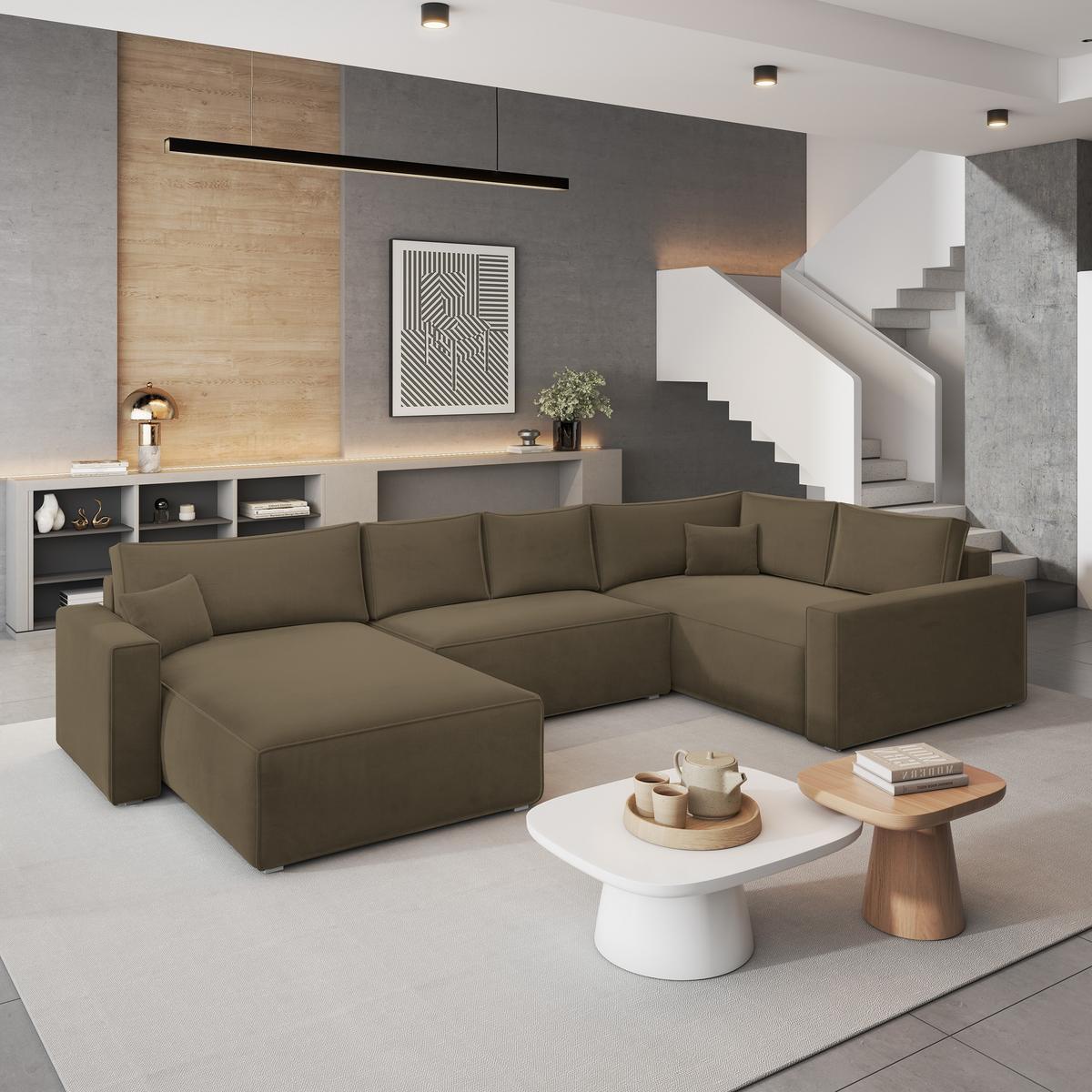 WOHNLANDSCHAFT VELAMI R-S Beige Velours-Stoff mit Schlaffunktion - Beige, Holz (365/83/194cm) - MASSENO