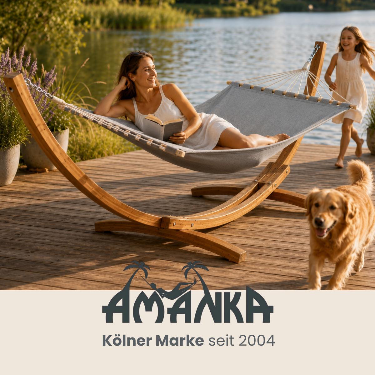 XXL-HÄNGEMATTE mit Holzgestell bis 150kg, 325/120cm, Grau - Grau, Holz (120/2.5/325cm) - Amanka