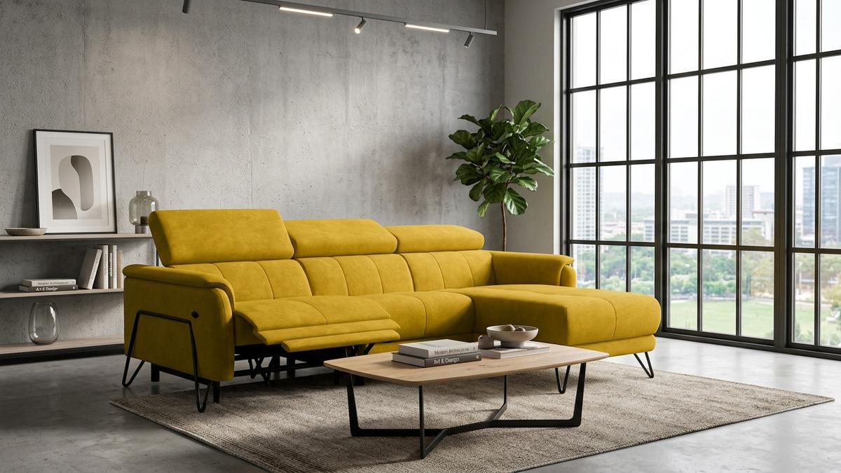 ECKSOFA RODEN 4-Sitzer mit Relax, dunkegelb, Veloursstoff - Gelb, Holz/Textil (268/92cm) - Wozimo