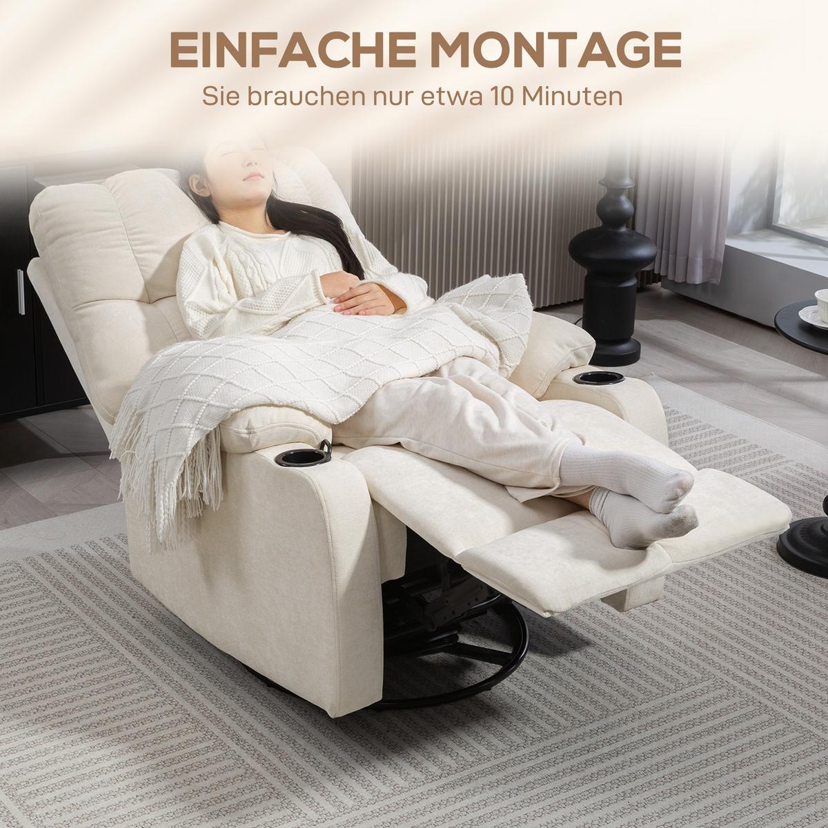 RELAXSESSEL Drehbar Fernsehsessel mit Liegefunktion, Schaukelfunktion Beige - Beige/Schwarz, Textil/Metall (96/108/88cm) - HOMCOM