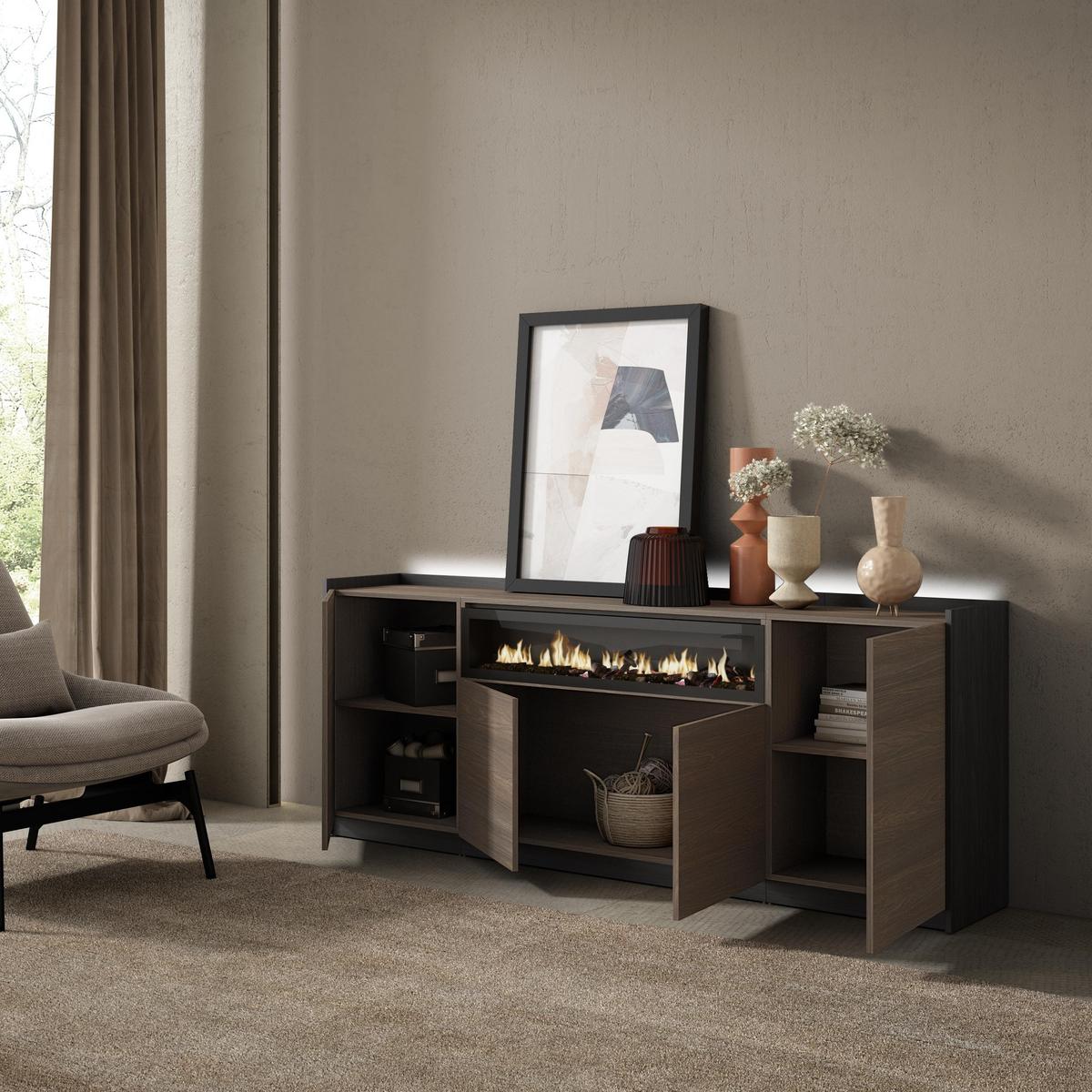 SIDEBOARD, Eiche und Schwarz, 207/37/80cm, Kamin mit Feuereffekt - Dunkelbraun, Holzwerkstoff (207/80/37cm) - Skraut Home
