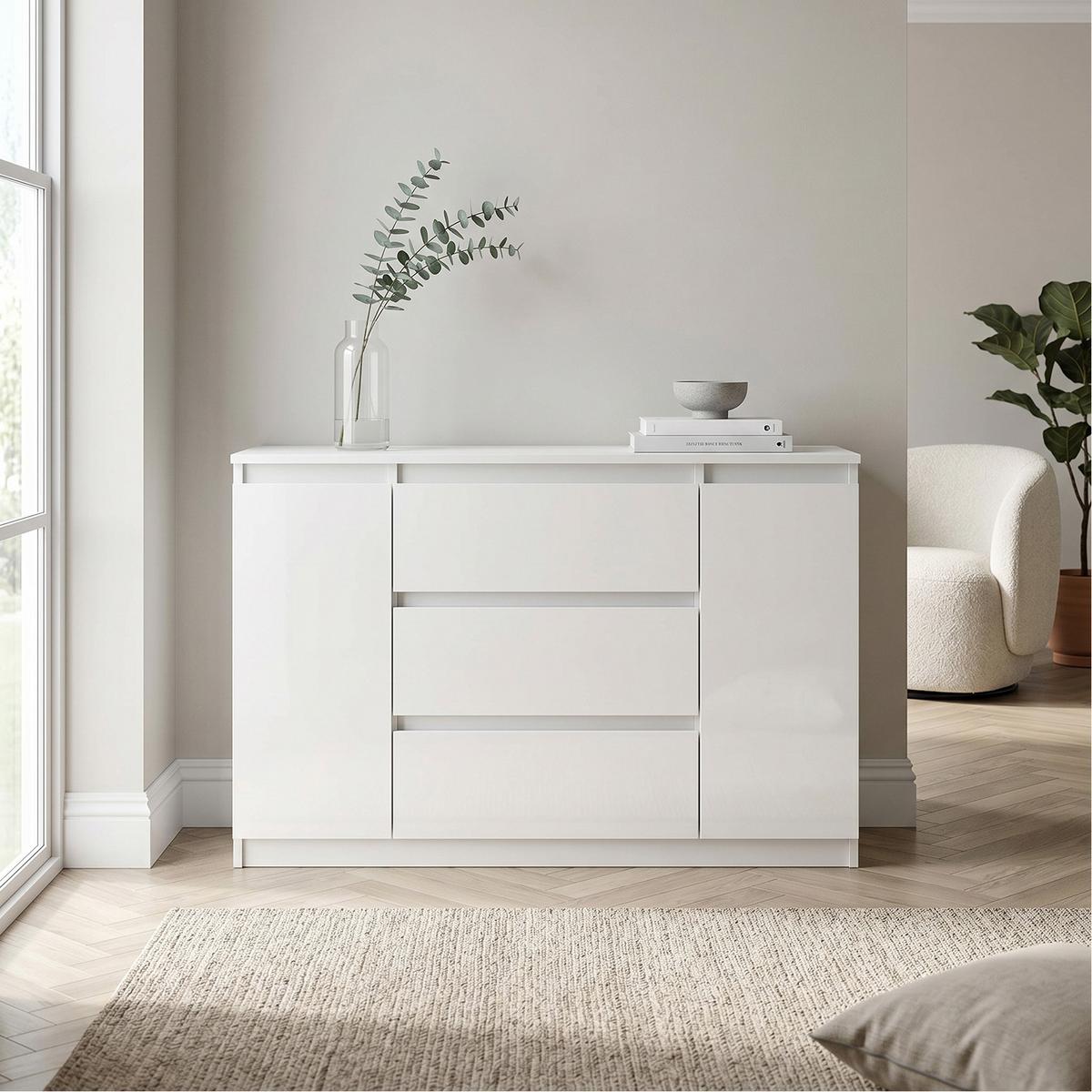 KOMMODE NUDO 120/78,5/39cm mit 3 Schubladen 2 Türen Weiß - Weiß, Holzwerkstoff (120/78.5/39cm) - MASSENO