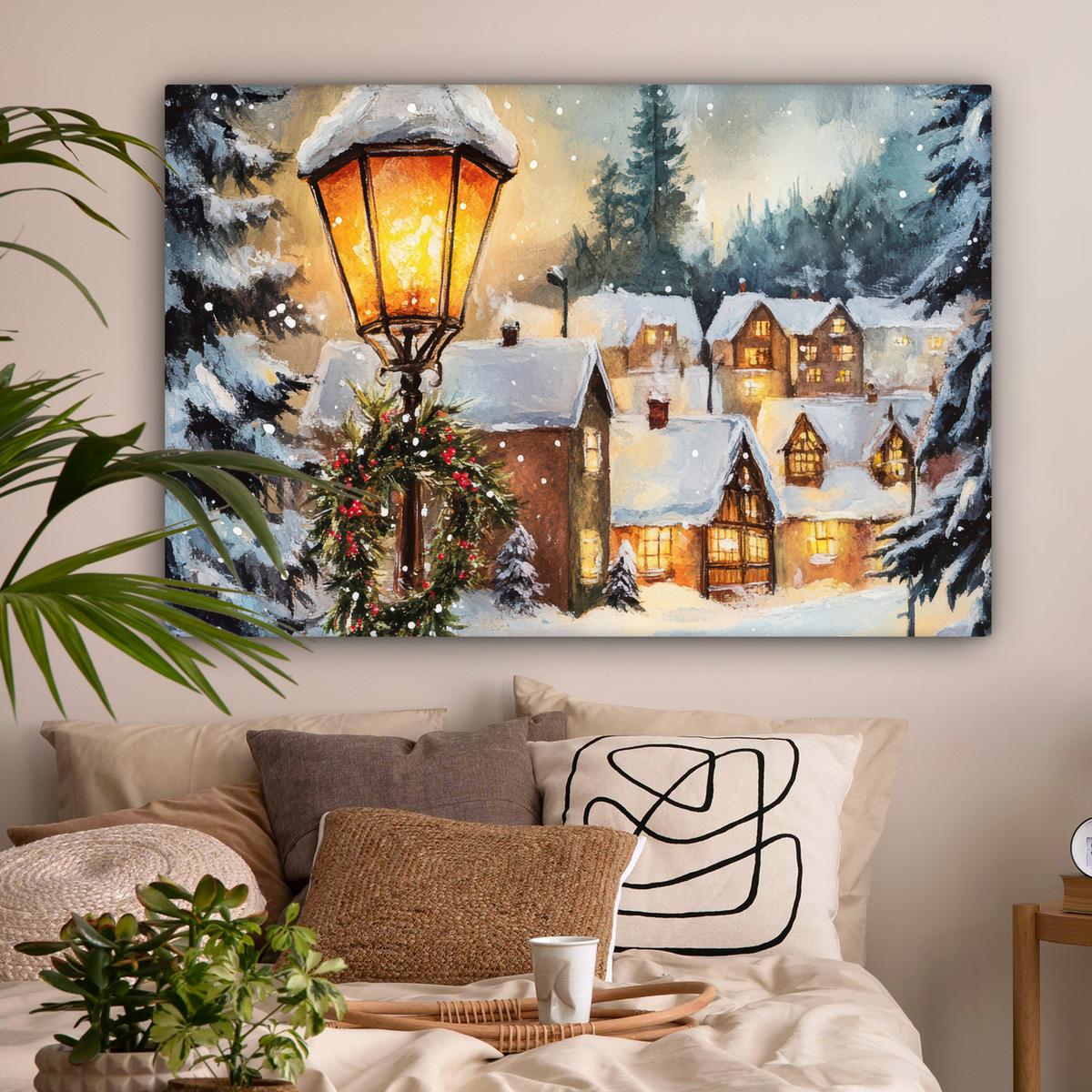 LEINWANDBILD Weihnachtsdorf - Häuser - Schnee - Weihnachten Groß 140x90 cm - Sandfarben, Textil (140/90cm) - MuchoWow