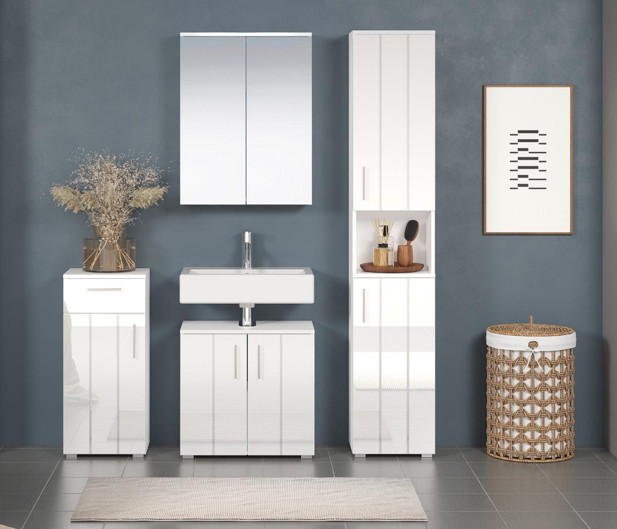 BADMÖBEL-SET weiß Hochglanz 4-teilig 164 x 192 cm, moderne Badezimmer-Schränke - Weiß Hochglanz/Silberfarben, Holzwerkstoff/Kunststoff (164/192/32cm) - Top.Furn