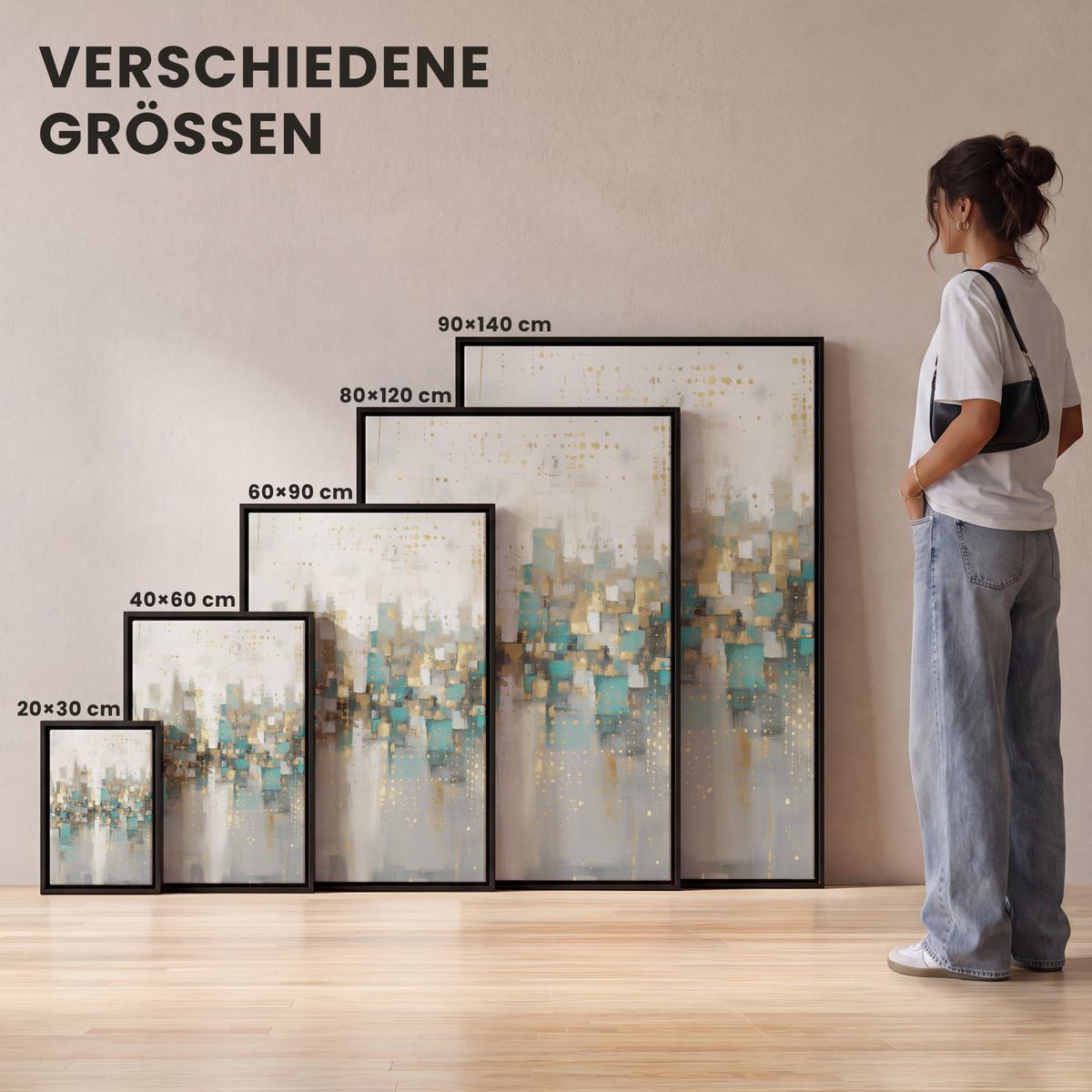 LEINWAND Bilder mit Rahmen - Abstrakt - Blöcke - Gold - Skyline - 80x120 - Beige, Textil (80/120cm) - MuchoWow