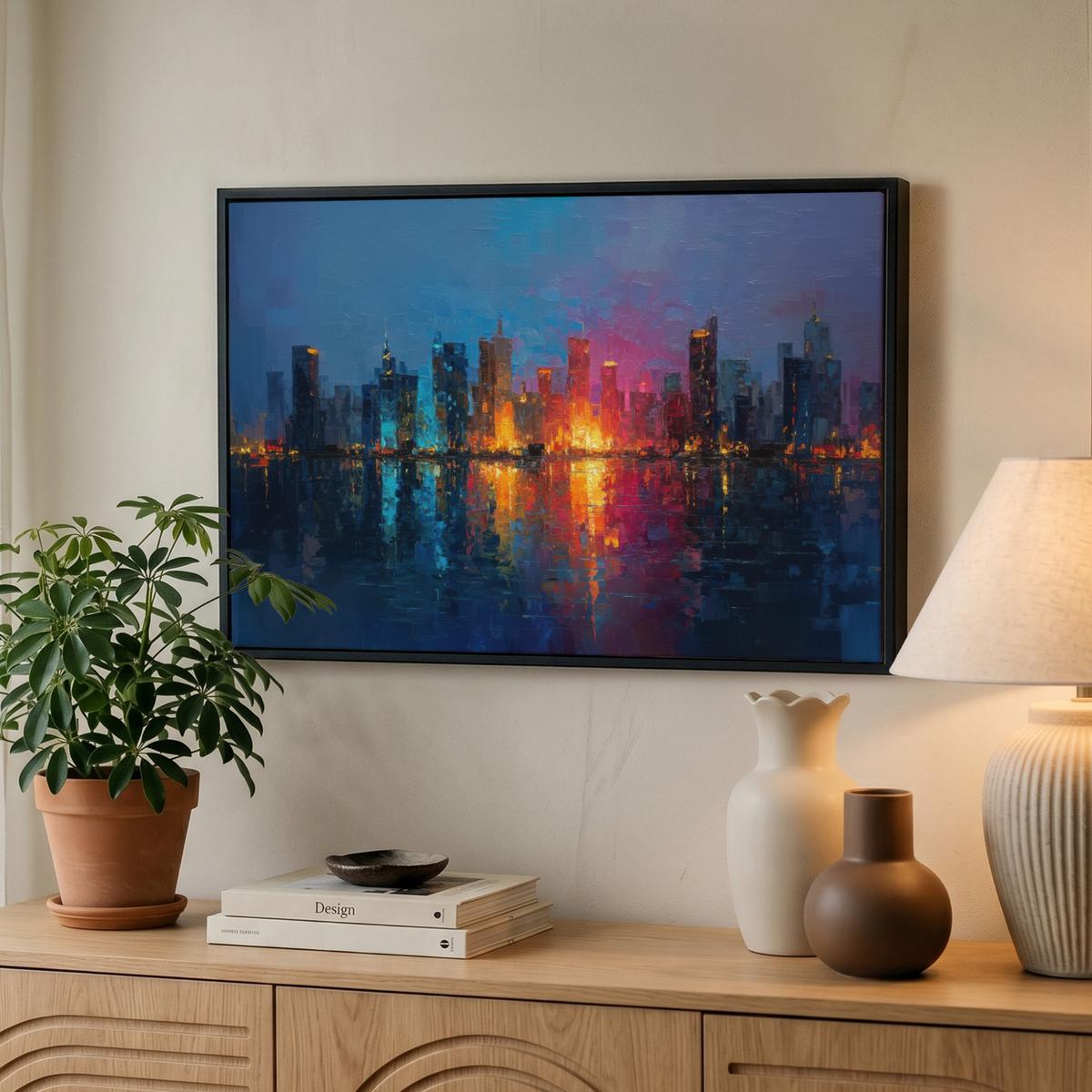 LEINWAND Bilder mit Rahmen - Skyline - Pinselstriche - Dunkelblau - Leuchtend - 60x40 - Blau, Textil (60/40cm) - MuchoWow