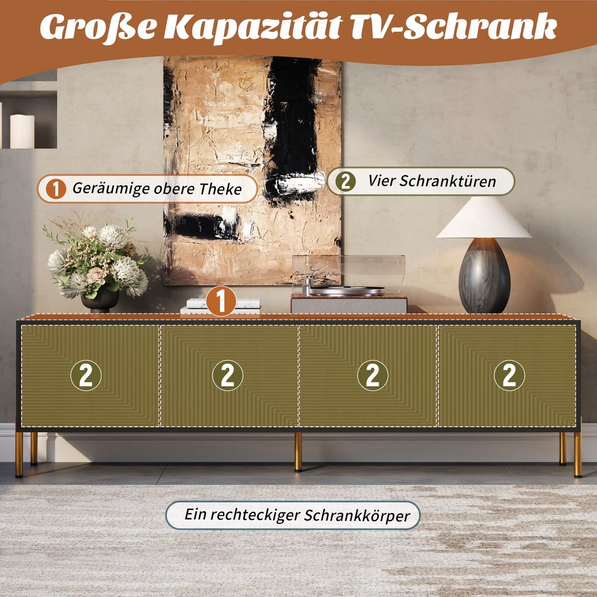 TV-LOWBOARD Schwarz Natur mit 3D-Muster 4 Türen & Goldfüßen 179cm - Naturfarben, Holzwerkstoff (179/53.5/35cm) - Urban Meuble