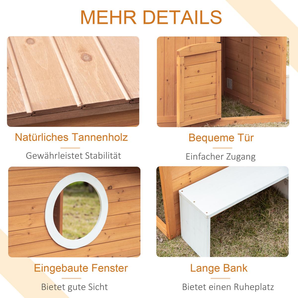 SPIELHAUS für Kinder Holz Kinderspielhaus mit Fenster Briefkasten Blumentopfrack - Naturfarben, Holz (108/135.5/122cm) - Outsunny