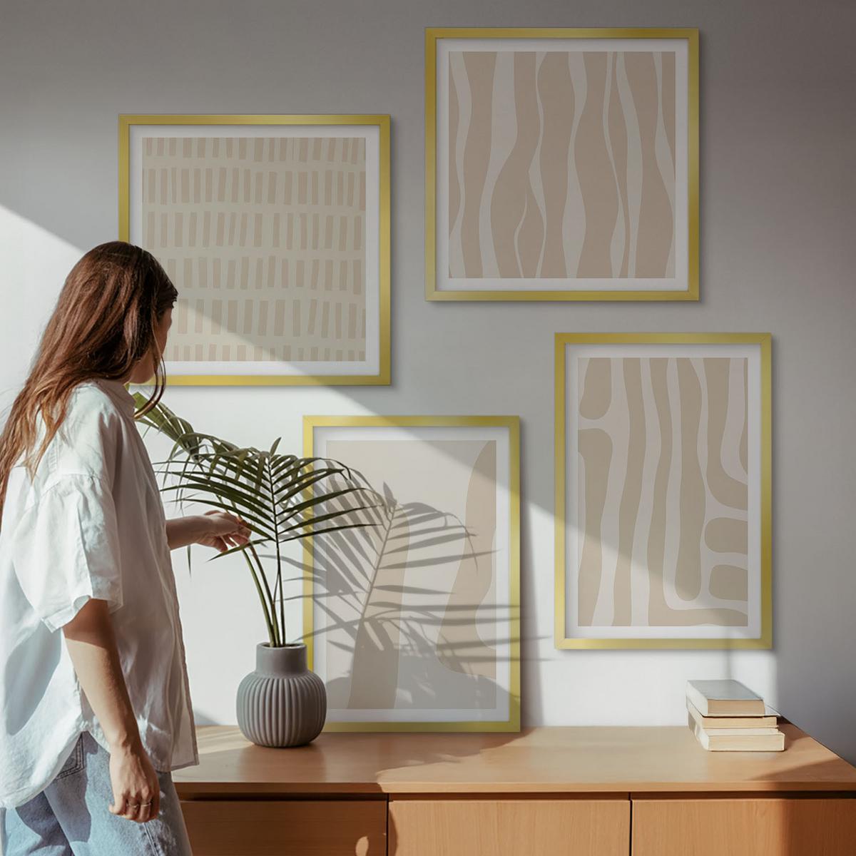 BILDER SET 4er Set - 50x50 cm & 40x60 cm Goldrahmen - Abstrakte Boho-Musterformen - Goldfarben, Kunststoff (50/50cm) - TULUP