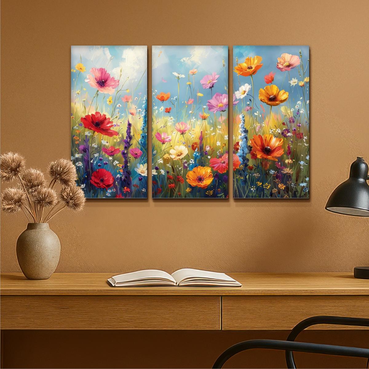LEINWANDBILD 3er Set Blumen - Frühling - Farbenfroh - Sommerlich 90x60 cm - Orange, Textil (90/60cm) - MuchoWow