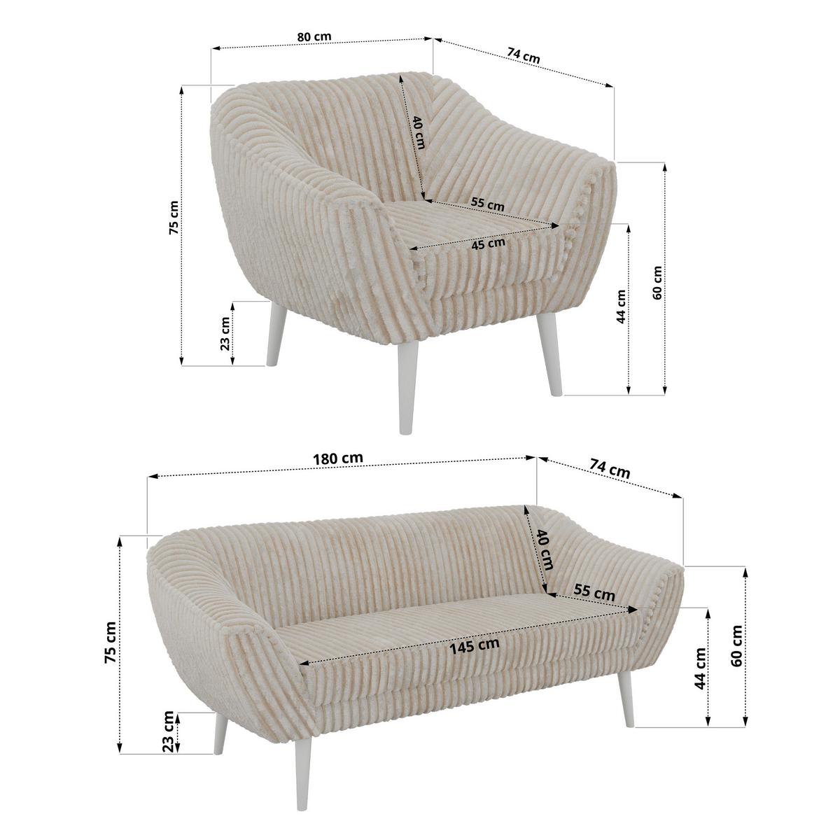 SITZGARNITUR PIRS 3+1+1 - Beige Cord - Weiße Beine - Beige/Creme, Holzwerkstoff/Textil (180/75/74cm) - MKS