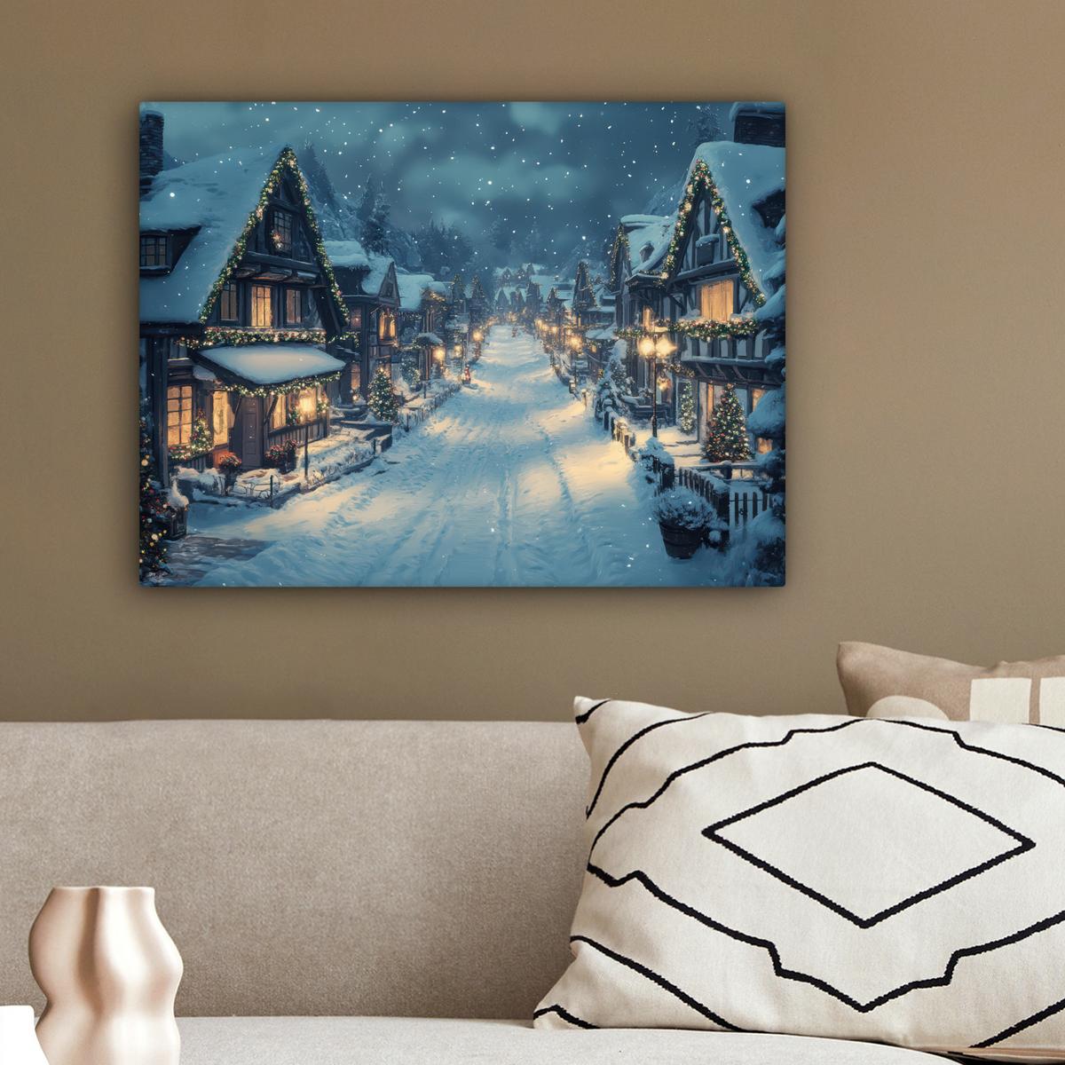 LEINWANDBILD Weihnachtsdorf - Weihnachten - Schnee - Winter Wandbild 40x30 cm - Dunkelblau, Textil (40/30cm) - MuchoWow