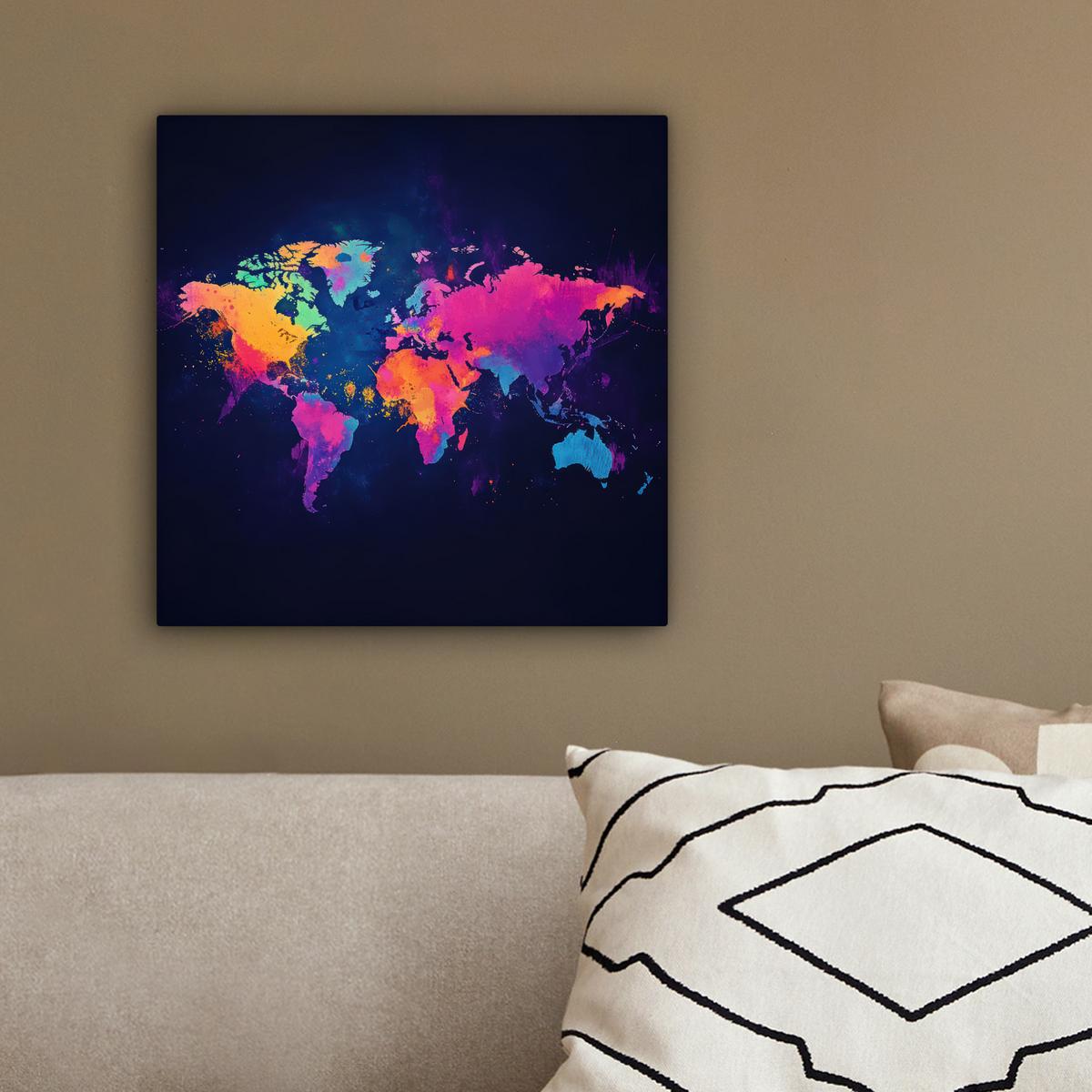 LEINWANDBILD Weltkarte - Bunt - Graffiti Deko Wohnzimmer 20x20 cm - Multicolor, Textil (20/20cm) - MuchoWow