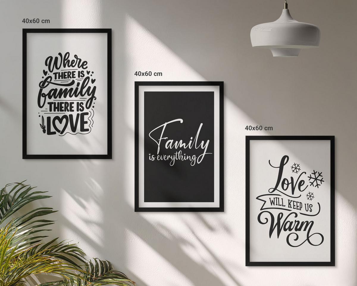 BILDER SET 3er Set - 40x60 cm Schwarzer Rahmen - Familie, Liebe, Wärme, Zuhause - Schwarz, Kunststoff (40/60cm) - TULUP