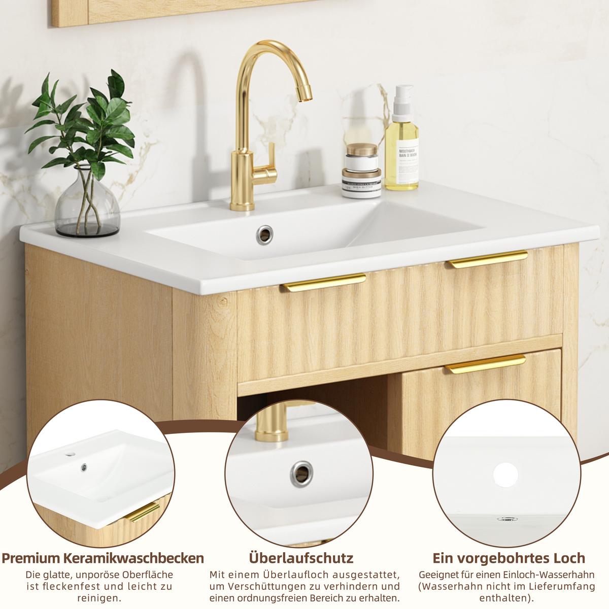 WASCHTISCHUNTERSCHRANK Holzoptik mit Wellenmuster, Schiebetür & 3 Schubladen - Naturfarben, Holzwerkstoff (61/90/47cm) - Urban Meuble