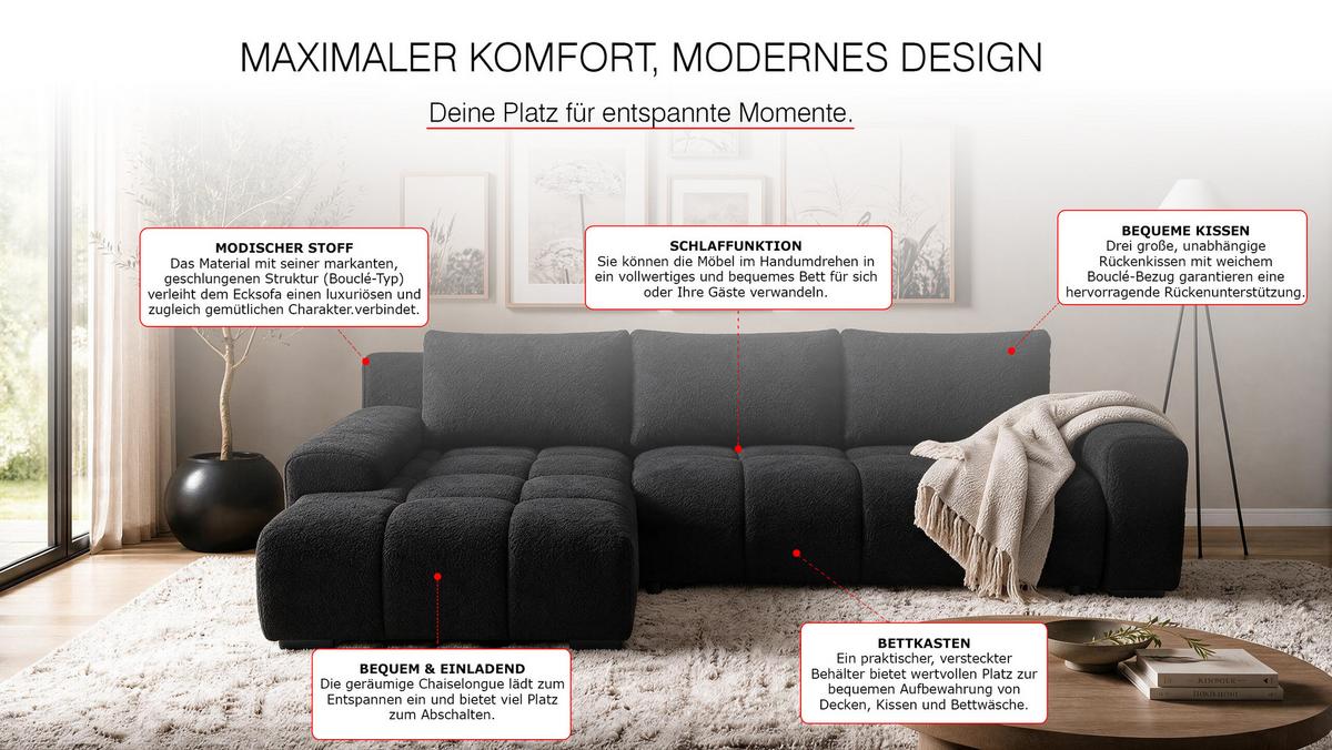 ECKSOFA Ovia mit Bettkasten und Schlaffunktion, Bouclé-Stoff in L-Form - Schwarz, Textil (270/185cm)