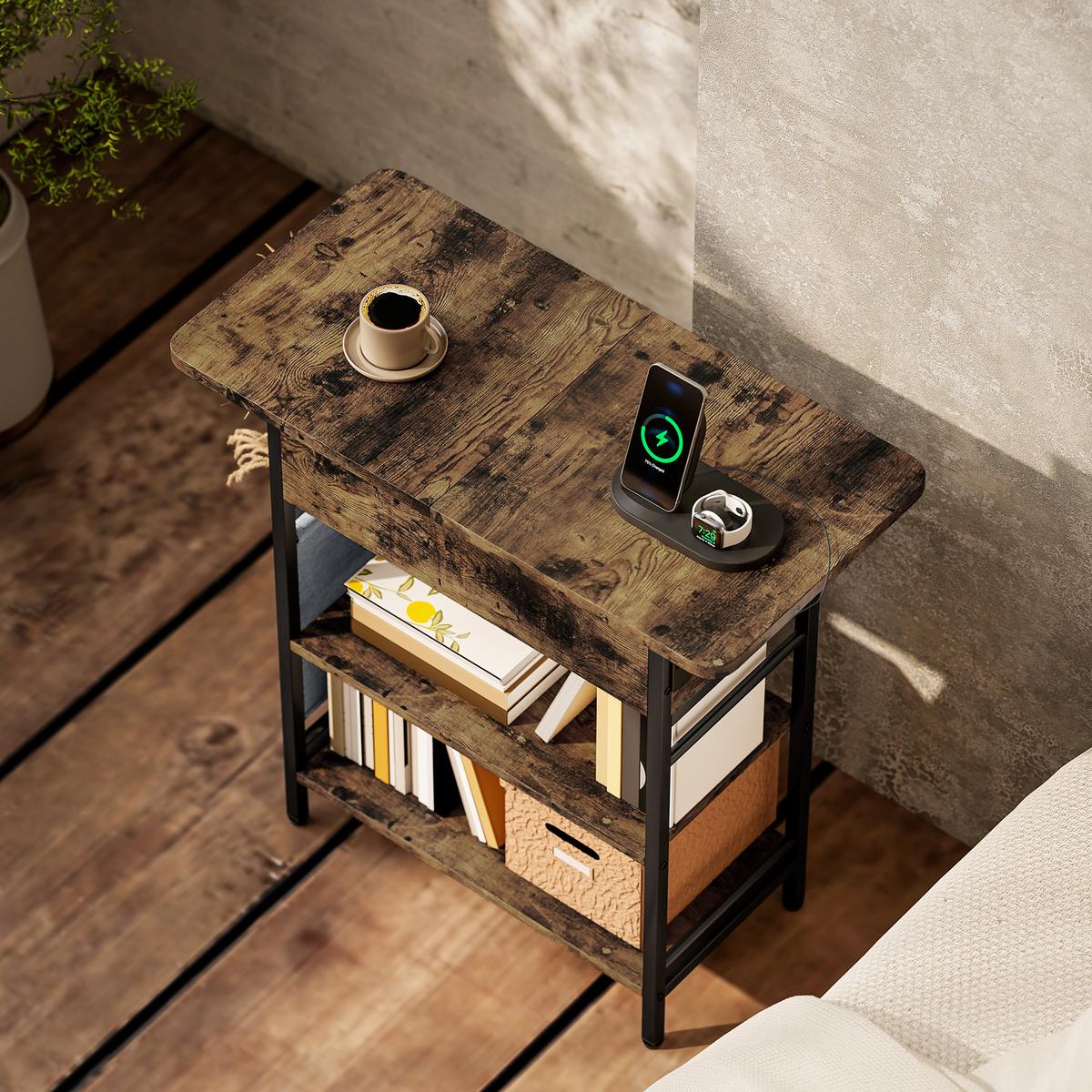 BEISTELLTISCH Nachttisch mit Steckdosenleiste, 2 Ebenen, Couchtisch mit USB - Schwarz/Braun, Metall (60/29.8/58.5cm) - HOMCOM