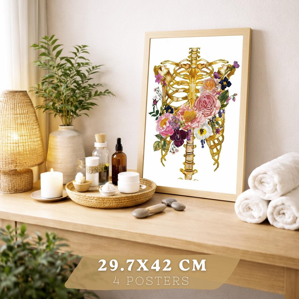 POSTER Set aus 4 Anatomie Mensch Drucke und Wandbilder mit Schädel Skelett Herz und Goldene Lungen Wanddekoration Größe Leichter Holzrahmen A4 - Beige, Papier (21/29.7/3cm) - Nacnic