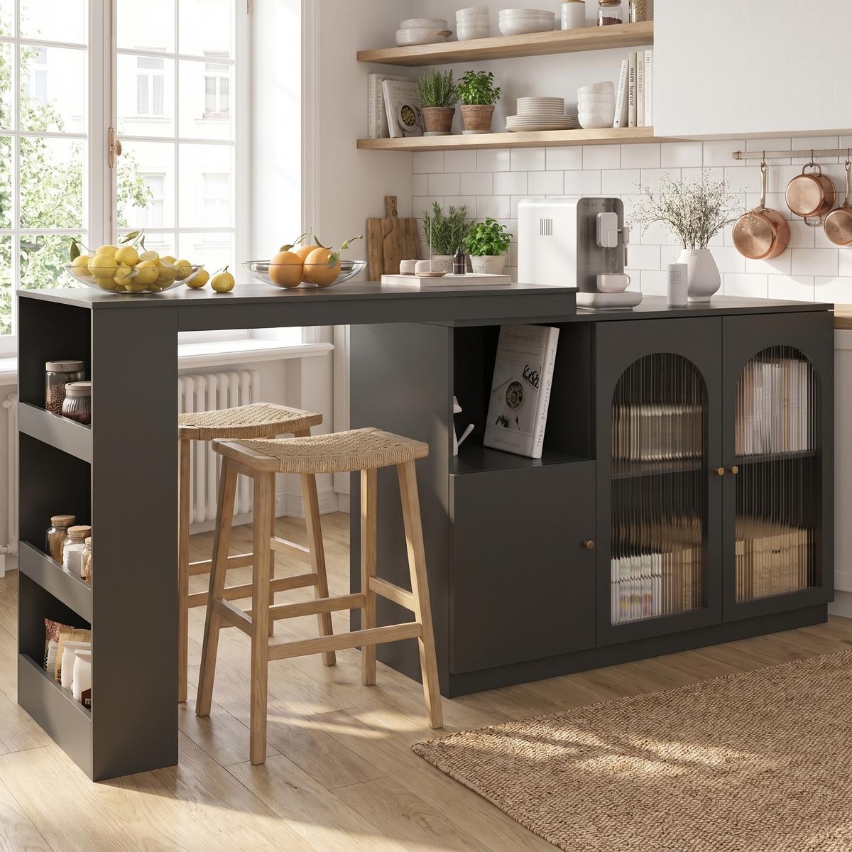 BARSCHRANK 360° drehbar & schwarz mit glastüren & flexiblem bartisch - Schwarz, Holzwerkstoff (40/120/97cm) - Urban Meuble