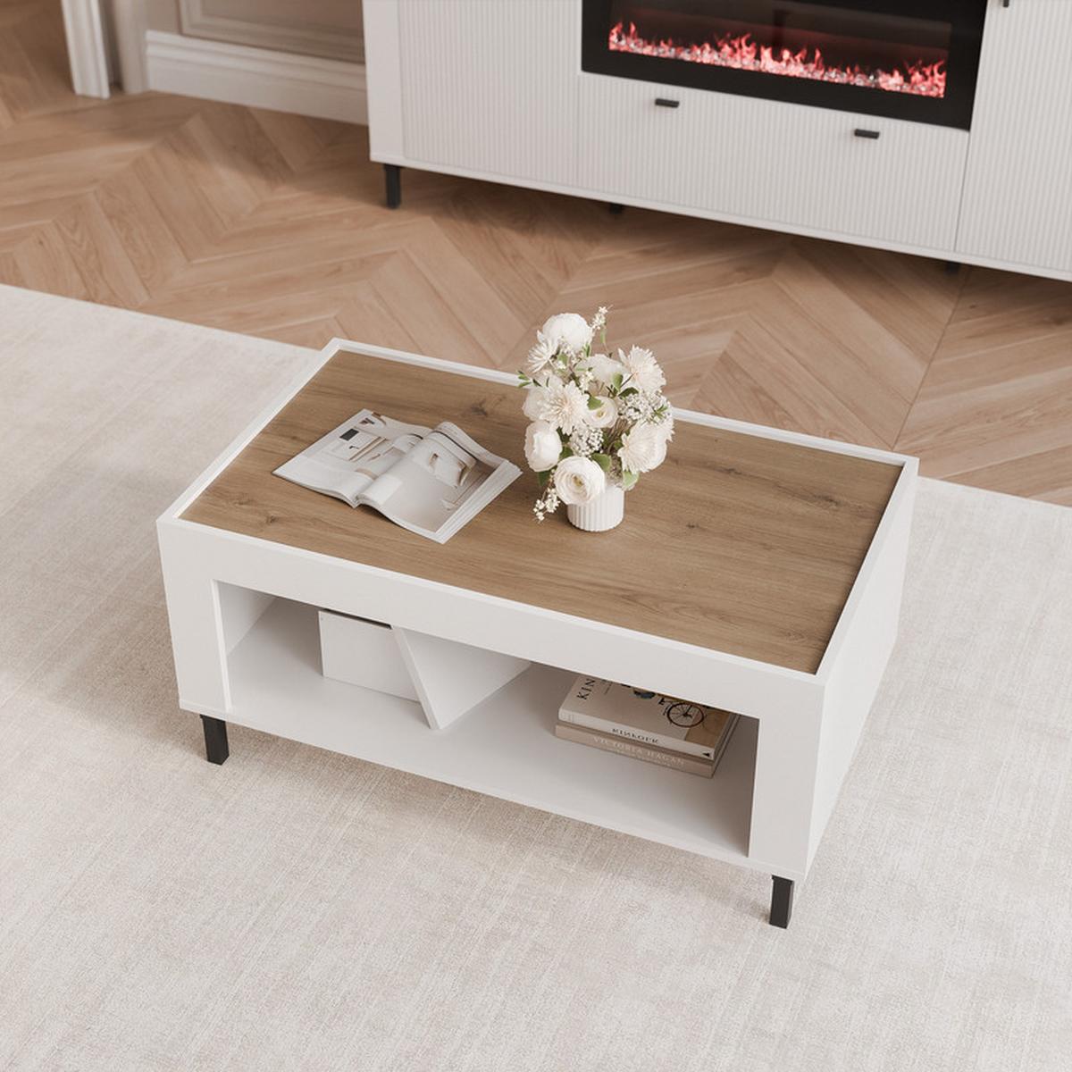 COUCHTISCH AVENA 97/56/47 cm Rechteckig, Weiß/Eiche - Schwarz/Weiß, Holzwerkstoff/Kunststoff (56/97/47cm) - Idohome