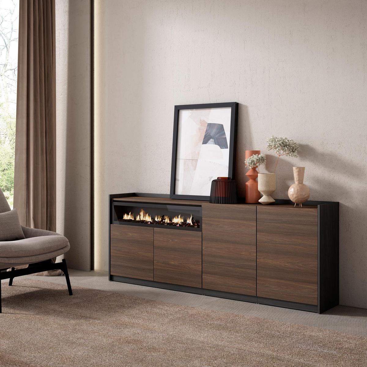 SIDEBOARD, Highboard, Dunkler Eiche und Schwarz, Elektrokamin, 207/37/80cm - Hellbraun, Holzwerkstoff (207/80/37cm) - Skraut Home