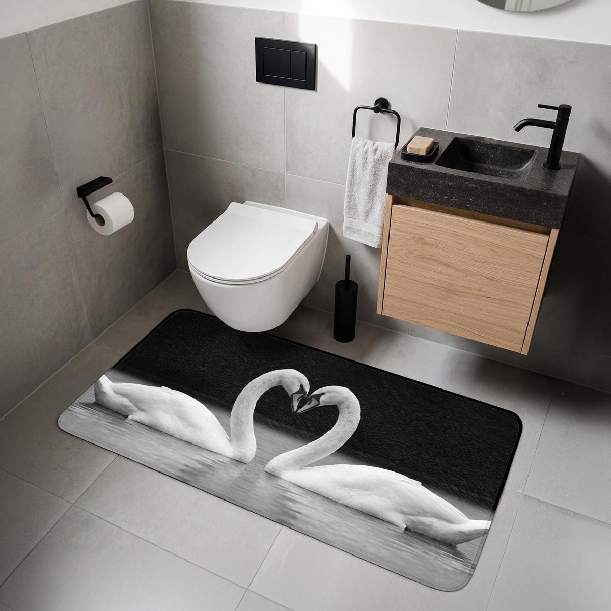 WC-VORLEGER Schwäne - Herz - Schwarz - Weiß WC Teppich 120x60 cm - Schwarz, Textil (120/1cm) - OnlyWow