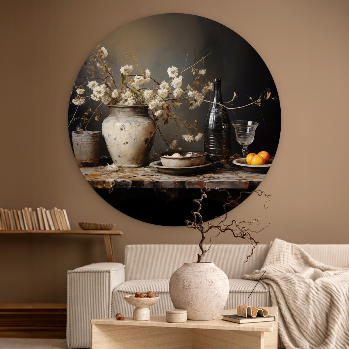 WANDBILD Stilleben - Blumen - Blumenstrauß - Vase - Wein Deko Groß 150x150 cm - Mokka, Kunststoff (150/150cm) - MuchoWow