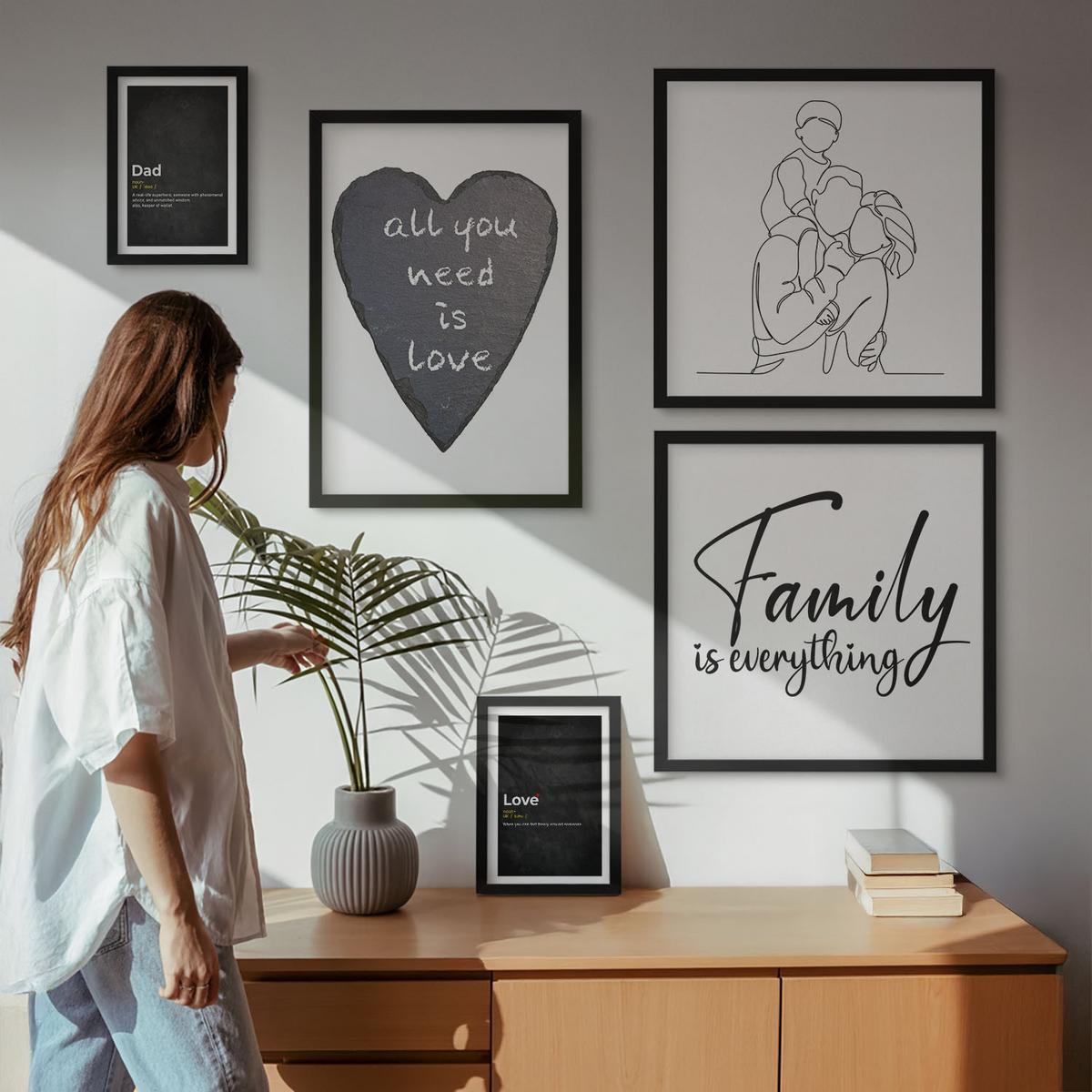 BILDER SET 5er Set - 50x50 cm & 20x30 cm & 40x60 cm Schwarzer Rahmen - Definitionen der Liebe in Familienzeichnungen - Schwarz, Kunststoff (40/60cm) - TULUP