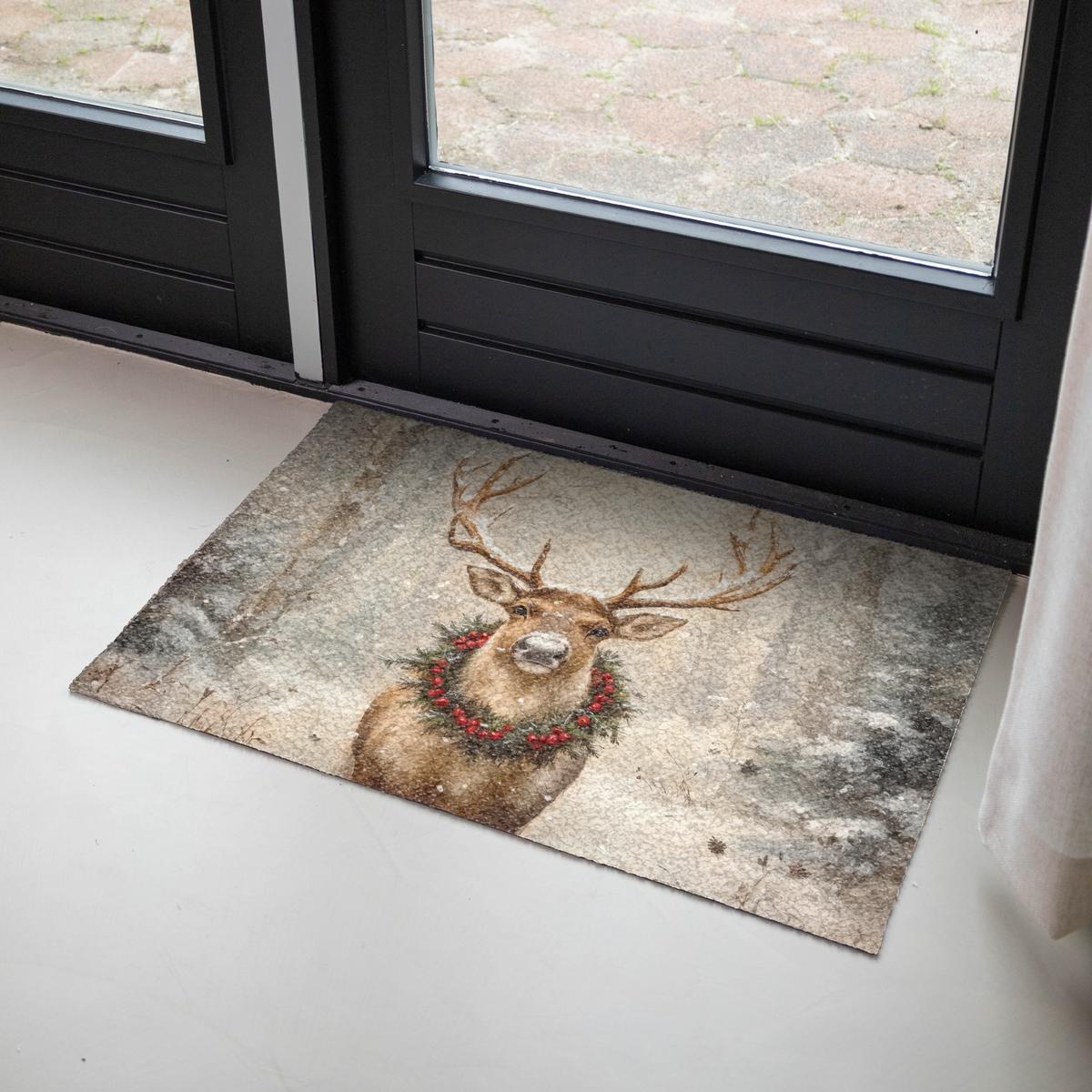 FUSSMATTE Weihnachten - Rentier - Winter - Kranz Flurteppich 90x60 cm - Braun, Kunststoff (90/0.4cm) - MuchoWow