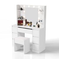 SCHMINKTISCH Malia mit LED und Hocker Melly - Weiß, Holz (107/140/40cm) - Juskys