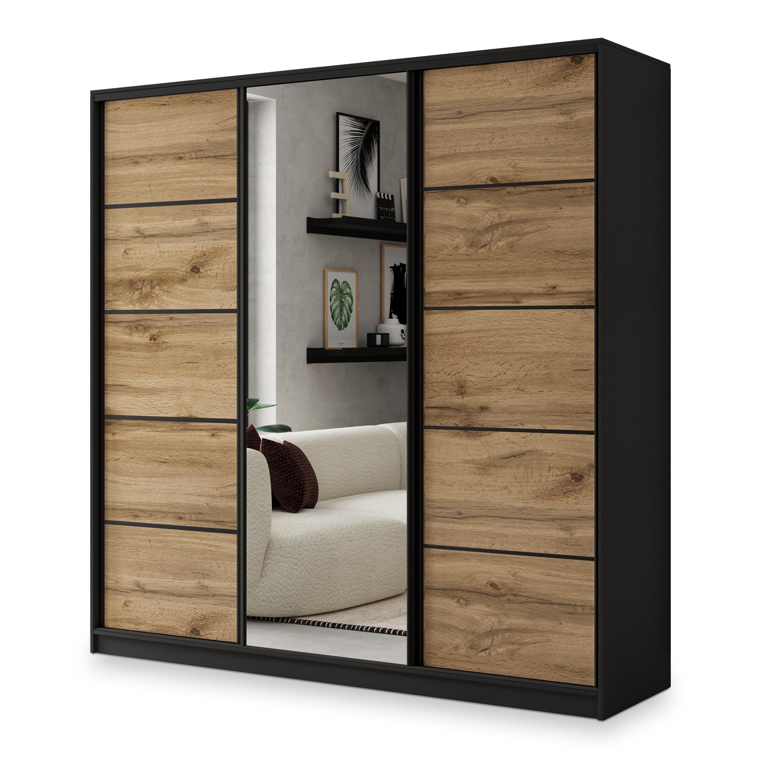 SCHWEBETÜRENSCHRANK NATA 180/205/58 cm 3-türig mit Spiegel und Schubladen Schwarz / Eiche Wotan - Eiche Wotan/Schwarz, Holzwerkstoff (180/205/58cm) - MASSENO