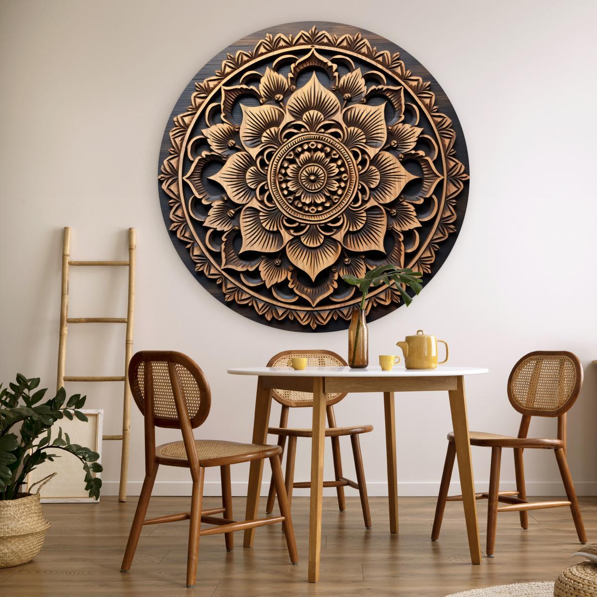 WANDBILD Mandala - Holz - Blumen - Braun Deko Groß 150x150 cm - Gelb, Kunststoff (150/150cm) - MuchoWow